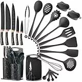 LSFCHUJU 25 Stücke Küchen Kochutensilien Set, Silikon Küchenhelfer Set mit Utensilienhalter, Hitzebeständiger Kochbesteck Set, Spülmaschinenfest, Antihaftbeschichtete (Rose Gold Black)