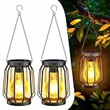 Solarlampen für Außen Hängend, 2 Stück Garten Deko Solarlaterne mit Größer LED Glühbirne, IP65 Wasserdicht Solarleuchten, Warmweiß Beleuchtung für Draußen, Hof, Balkon, Terrassen- Schwarz Metall