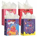 Geschenktüten mit Seidenpapier 4 Stück | Geburtstagsbeutel mit Henkeln (22,9x17,8x10,2 cm) für Geschenke, Party, Kinder & Erwachsene