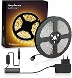 DeepDream LED Strip 5M, Wasserdicht Warmweiß 3000K LED Streifen, 12V Selbstklebend, LED Band Lichtband Mit Netzteil für Innen Heim Küche Deko