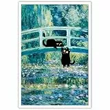 NONPAI Vintage Monet Cat Poster Lustige Schwarze Katze Brücke von Seerosen Leinwand Wandkunst Berühmte Ölgemälde Monet Schwarze Katze Poster Galerie Ästhetische Raumdekoration für Schlafzimmer