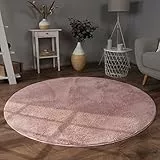 Paco Home Teppich Wohnzimmer Kunstfell weich waschbar modern elegant pflegeleicht Felloptik Uni Seidenglanz flauschig Kurzflor, Grösse:120 cm Rund, Farbe:Pink