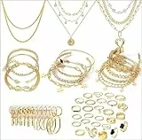 CHarmeFleur 38-59 Stück (8-9 Set) Goldplattiertes Schmuckset für Frauen mit 8 Halsketten, 12 Armbändern, 27 Ringen, 12 Paar Ohrgehänge, einfache und funkelnde Happy-Gold-Schmuckstücke für Frauen