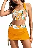 Kate Kasin Damen Retro Bikini Set Gerüscht Gepolstert Schwimmen Top Hohe Taille Rock Bademode Bauchfrei Badeanzug Orange Tropical Print M