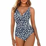 Veranobreeze Damen Badeanzug Bauchweg Einteiliger V-Ausschnitt Raffung Shape Push Up Badeanzug für Damen (Blauer Vogel, EU40)