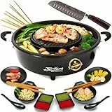 TomYang Elektrischer Hot Pot inkl. Premium Zubehör – Santoku Messer, 6 Grillzangen und Asia Fondue Geschirr für Thai Grill, Korean BBQ Grill, Tischgrill Elektrogrill