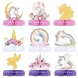 HONMOK 9 Stück Einhorn Bienenwabe Einhorn Party Deko 3D Waben Unicorn Honeycomb Mittelstücke Papier Herzstück Tischaufsätze Dekoration für Mädchen Geburtstag Thema Party Tischdeko 15x4 cm