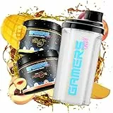 Gamers Only Gaming Booster Starter Set Mighty Mango Maracuja & Hyper Peach Ice Tea [MIT KOFFEIN & ZERO ZUCKER ] mit Shaker | Erhöht die Reaktionen | 125MG Koffein & L-Tyrosin & Vitaminen