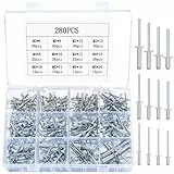 280 Stück Aluminium-Blindnieten Set, M3 M4 M5 Popnieten Sortiment Set, Aluminium Blindnieten mit flansch Pop-Nieten, Alu Nieten für Metall Holz Kunststoff, 12 Größen, Silber