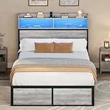 YITAHOME Bettgestell LED mit Kopfteil USB-Anschlüsse und Ladeausgänge Metallplattform-Bettgestell mit 2 Regalböden,Keine Matratze erforderlich,Grau 200X140CM