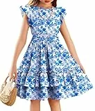 Arshiner Mädchen Kleider Flatterärmel Kinder Sommer Baumwolle Festliche Kleid A-Linie Taille Einschnüren Freizeitkleid Swingkleid Elegant ärmelloses Kleid für Mädchen 11-12 Jahre Blaue Blume