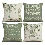 Auriselle 4er Set 45x45 cm Leinen Kissenbezug, Kissenhülle SofaModerne DekoText Botanisches Blumen Schmetterlinge Sofa Wohnzimmer Schlafzimmer Unsichtbarer Reißverschluss, Grün