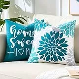 Kissenbezug 40x40 Frühling Türkis und Grau Blume Muster, 2er Set Weichem Kurzflor Kissenbezüge mit Moderner Dahlie Design, Deko Kissenhülle Für Sofa Sofakissen in Wohnzimmer Schlafzimmer Garten