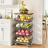 Obstkorb, Küche, Speisekammer, Organizer und Aufbewahrung – Holzplatte, stapelbarer Metalldrahtkorb, Ständer für Obst, Gemüse, Snacks, Gläser, Behälter, Organisation, schwarz