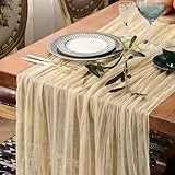 LOMOHOO Tischläufer Beige Boho Gaze-Stoff Käsetuch Tischläufer Rustikaler Hochzeit Tischdecke 118 Zoll lang Läufer für Hochzeit Braut Babyparty Geburtstagsfeier Kuchen Tischdekoration (90x300cm)