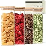 KIVY Vorratsgläser mit Deckel Luftdicht [4x 1000ml] Eckige Vorratsdosen Glas mit Deckel - Glasbehälter mit Deckel - Müsli Aufbewahrung Küche - Vorratsglas mit Holzdeckel - Vorratsbehälter Glas