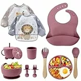 Baby Geschirrset,12er Set Kindergeschirr, Babylöffel,Trinklernbecher,Silikon Lätzchen,Baby Teller Kinderteller mit Saugnapf,Baby Led Weaning Besteck Set, BPA Frei,Spülmaschinen Und Mikrowellen Safe