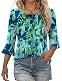 Kistore 3/4 Arm Blusen Damen Elegant Rundhalsausschnitt Rüschenärmel Oberteil Sommer Plissiert Tunika Top Basic Frauen Festliche Blusenshirt Grüne M
