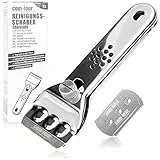 COM-FOUR® Schaber mit 2 Klingen aus rostfreiem Edelstahl mit rutschfestem Griff und Klingenschutz, für Glas, Glaskeramik und Cerankochfelder mit Fach für Ersatzklingen (01 Stück + 02 Klingen)