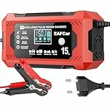 EAFCar 15A Autobatterie Ladegerät, 12V Smart vollautomatische KFZ Batterieladegerät mit Temperaturkompensation für Auto LKW Motorrad Rasenmäher Boot Marine Batterien(15A)