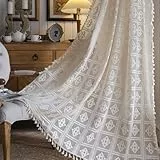 Freyamy Vorhang 2er Set Transluzente Beige,Bestickte Vorhänge mit Stangendurchzug,Stickerei Spitze Gardinen Vintage,Tür Transparent Stangentaschen-Vorhang 240x150cm für Wohnzimmer Schlafzimmer