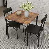 Koioplie Esszimmertisch-Set 1 Tisch 2 Stühle, Küchentisch mit gepolsterten Stühlen, kompaktes Esstisch-Set aus Holz und Eisengestell, platzsparend, pflegeleicht, einfache Montage, Retro Braun