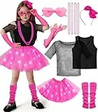vamei 80er Jahre Outfit Kinder Mädchen 80er Jahre Kostüm Accessoires Kleidung LED Tutu Rock Kurze Netzärmel Ohrringe Halskette Beinlinge Netzhandschuhe Aerobic Rosa Party Dress up für Mädchen (M)