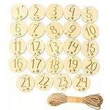 DAHI 2SETS Adventskalenderzahlen Holz 1-24 Adventskalenderzahlen runde Holz-Anhänger mit juteschnur Weihnachten, Adventskalender Buttons, Zahlen für Adventskalender (natural)