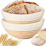 Gärkörbchen Set 2-teilig, 9 Zoll Rundes Gärkorb Brot mit Leinen-Einsätzen - aus Hohe Qualität Rattan | Sauerteig Starter Gärkörbchen | 23cm Geschenk für Professionelles Backbrot