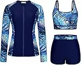 Kate Kasin Damen Bademode Set Reißverschluss Jacke Gepolsterter BH Slip Blumenmuster Verstellbare Träger Marineblau-blaues Blatt XXL