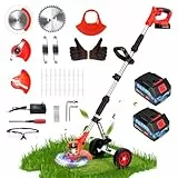 21V Rasentrimmer mit 3 Arten Messer Akku Rasentrimmer mit 2x2000mAh Akku und Ladegerät Freischneider Akku mit Teleskopstiel Leichter Elektrisch Rasenmäher Motorsense für Garten Radkantenschneider