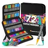 Zenacolor 72 Acrylstifte für Steine Wasserfest - mit Doppelspitze (feine Spitze und Pinsel) zum Zeichnen verschiedene Oberflächen - Acrylic Paint Marker mit einer Tasche