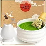 Goodwei Matcha Set komplett mit Matchabesen, Matcha Löffel und Matcha Schale aus Keramik mit Besenhalter im passenden Design | Kunstvoll gefertigte Zeremonieschale Chawan (Miyuki, 80)