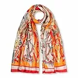 GLORIS Damen schal fein seidig groß 180 x 90 cm mit bunten Prints. Halstuch Tuch für Frauen. Kopftuch Halstuch Schal. Seidenschal Elegante (Abstract Orange)