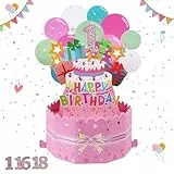Pop Up Karte zum 1. Geburtstag, 3D-Popup-Karten, Grußkarten, Happy Birthday Kuchen Luftballons Pop-Up-Grußkarte mit Umschlag, rosa 3D-Pop-Up-Happy Birthday Karten für Baby, Gril, Tochter