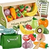BUYGER Kinderküche Spielküche Zubehör Holz, Küchenspielzeug Schneiden Obst Gemüse Lebensmittel Spielzeug, mit Spielgeld, Tasche, Kaufladen Rollenspiele Weihnachts Geschenke für Kinder 2 3 + Jahre