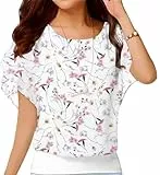 Esprit Damen Batwing Bluse - Elegant Kurzarm Tunika mit Blumenmuster, Rundhalsausschnitt, Festlich, Partyoutfit - Blumenweiß, XL