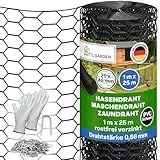 TTL GARDEN 1x25m Hasendraht 25x45mm Masche schwarz PVC beschichtet - rostfrei 0,66mm Draht Stärke Rolle feinmaschig Drahtgitter Kaninchendraht Zaun Gitter Maschendrahtzaun 25m x 1m breit schwarz