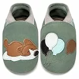 IceUnicorn Lauflernschuhe Baby Krabbelschuhe Lederschlappen Babys Jungen Mädchen Weicher Lederpuschen(Grüner Welpe, 12-18 Monate)