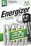 Energizer Recharge Universal - AA Akkus (4 Stück) - 1350 mAh NiMH Batterien - Bis zu 5 Jahre nutzbare Batterielebensdauer - Bis zu 1000 mal wiederaufladbar - 100% plastikfreie Recycelbar Verpackung