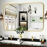 Koonmi Wandspiegel Gold, 75x122 cm Badezimmerspiegel mit runder Ecke, Morden Spiegel Wand mit Rahmen aus Aluminiumlegierung für Wand montiert horizontal oder vertikal, Gold