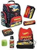 Familando - Schulranzen Set - 7-teilig mit Sporttasche - Hot Wheels - Ergonomisch, stabil & mit gepolstertem Rücken - 1010g leicht - 18L Volumen - Mit Reflektoren - Für Grundschule ab 1. Klasse