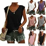 KOG Bluse Damen Elegant Ärmellose T-Shirt Shirt Casual Weiß Oberteile mit Flügelärmeln Frauen Schwarz Kleidung Frau Grau Sommer Shirts Top Damen V-Ausschnitte Tshirt Klamotten Schwarz M