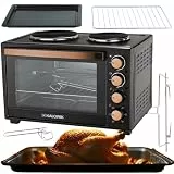 Kalorik - Minibackofen - Kochplatten 2er Elektrisch - mini Backofen 30 Liter - 2-in-1 Backofen und Kochfeld für vielseitiges Kochen und Backen, mit Umluft & Drehspieß, 3300 W, Schwarz Kupferakzent