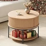 YITAHOME Couchtisch Rund, Couchtisch mit 2-stufigem Stauraum, Couchtische mit Schiebetüren im Tambour-Design für das Wohnzimmer, Couchtische aus Holz, Eiche