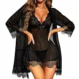 RSLOVE Sexy Dessous für Damen Spitzen-Babydoll mit Morgenmantel Nachtkleid Nachtwäsche Schwarz M