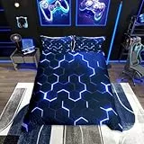 Homewish Honeycomb Bettwäsche 135x200 Neon Licht Geometrische Bettwäsche Set für Kinder Jungen Teens, Geometrie Hexagonal Bettbezug Weiche Mikrofaser Quilt Cover Blau Schwarz Zimmer Dekor