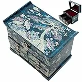 February Mountain Mother of Pearl Wooden Jewelry Organizer Box – Jewelry Storage Box for Women, Features Spacious Drawers, Ideal for Rings, Bracelets, Watches, Accessories (Crane and Pine tree Blue)