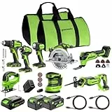 GREENWORKS 24V 8-teiliges Akku-Set: Bohrschrauber, Schlagschrauber, Handkreissäge, Säbelsäge, Stichsäge, Multitool, Schleifer, LED Lampe, 4,0Ah + 2x2,0Ah Akkus (Powerbank), 65W Ladegerät