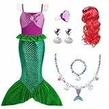 AOOWU Meerjungfrau Kostüm Mädchen, 6-Teiliges Set Meerjungfrau Kleid Mädchen mit Perücken, Halsketten, Armbänder, Ohrringe, Ringe, Kostüm Kinder für Karneval Party Halloween Weihnachten Cosplay（120cm）